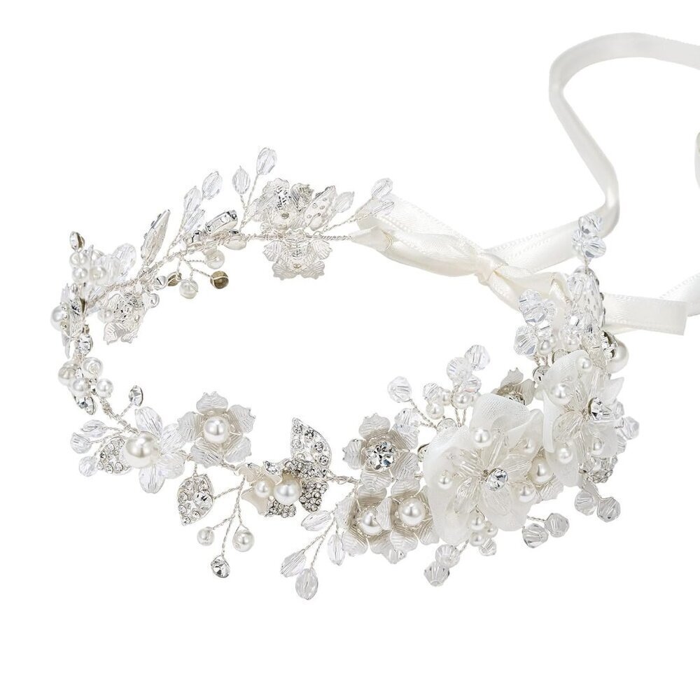 Pearl Bridal Headband Silver Wedding Hair Accessories for Women Girls